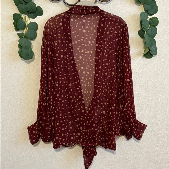 Free People Burgundy Sheer Star-Print Tie-Front Kimono Top✨ - Picture 8 of 10
